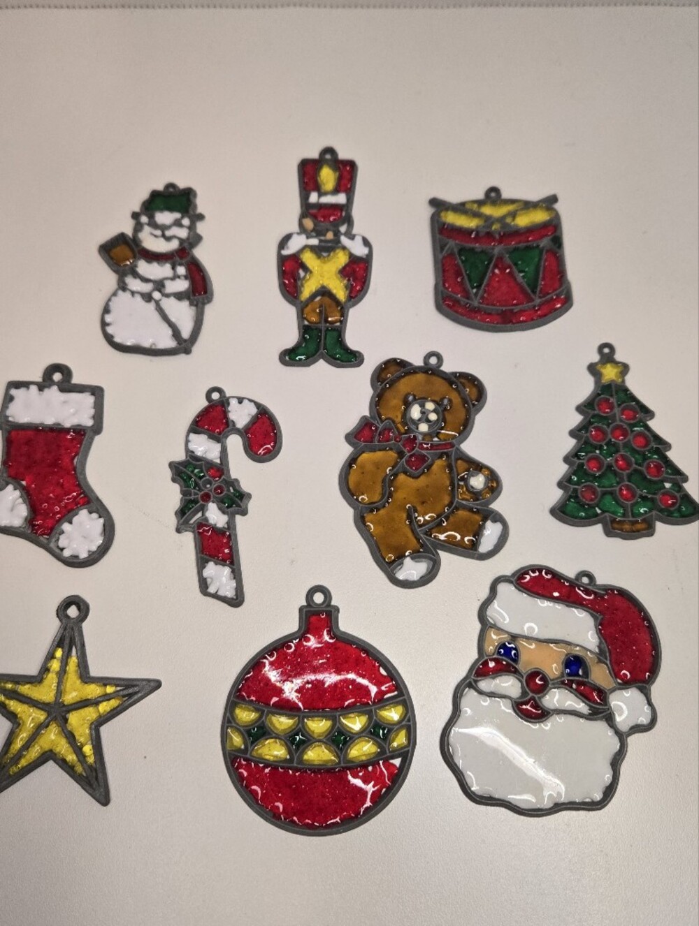 Vintage Retro Faux Stained Glass Christmas Suncatcher Ornaments Set Of 10